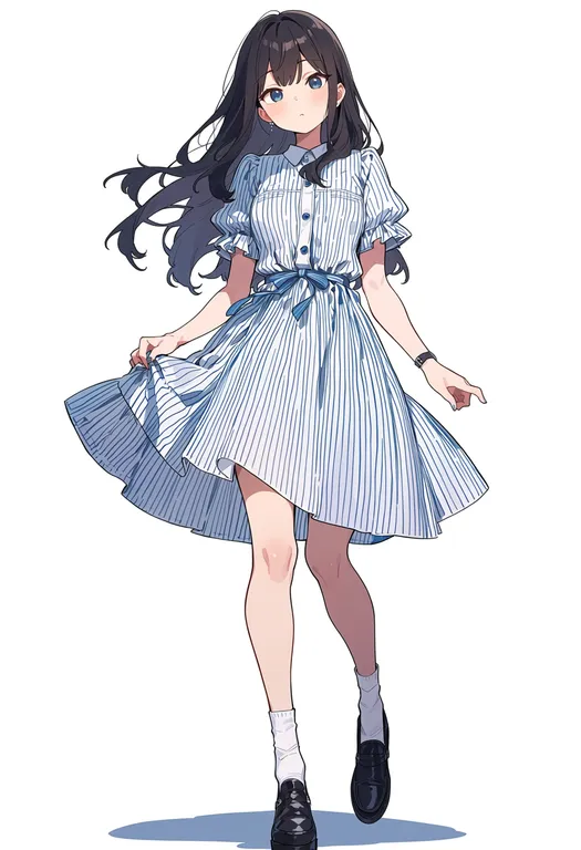 masterpiece, best quality, score_7, safe, vertical-striped dress, 1girl, solo, simple background — by k3scat, made with ComfyUI
