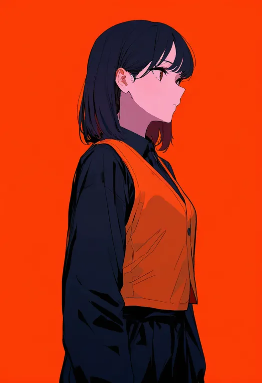 masterpiece, best quality, newest, absurdres, highres, safe, orange_vest, 1girl, solo, simple_background — by k3scat, made with ComfyUI