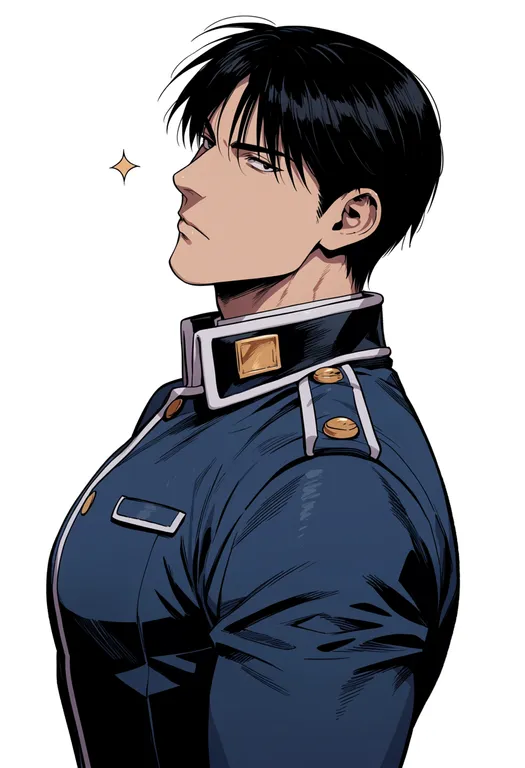 masterpiece, best quality, score_7, safe, roy mustang, solo, upper body, simple background — by k3scat, made with ComfyUI