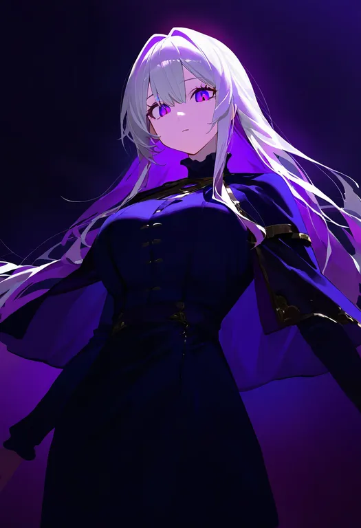 masterpiece, best quality, newest, absurdres, highres, safe, purple_capelet, 1girl, solo, simple_background — by k3scat, made with ComfyUI