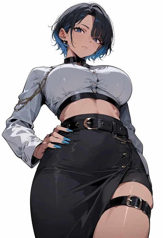 masterpiece, best quality, score_7, safe, thigh belt, 1girl, solo, simple background — by k3scat, made with ComfyUI