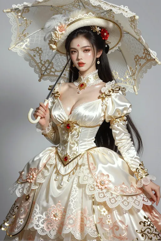 一位身材极致火辣的东方古典美女，长直黑亮长发及腰，头发带有自然光泽，搭配红色花朵发饰和金色发簪，眉心一点鲜红印记，脸庞精致五官立体，红唇丰润微启，眼神妩媚自信略带魅惑，皮肤白皙细腻带有珠光质感，身材高挑丰满，胸部丰挺腰肢纤细，臀部圆润翘挺，…