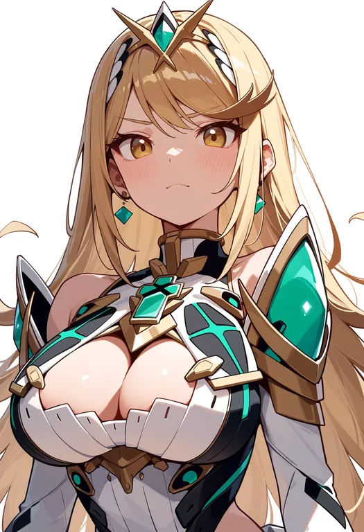masterpiece, best quality, score_7, safe, mythra (massive melee) (xenoblade), solo, upper body, simple background — by k3scat, made with ComfyUI