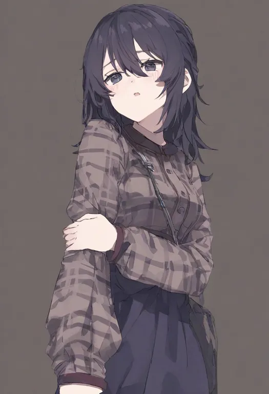 masterpiece, best quality, general, holding own arm, 1girl, solo, simple background — by k3scat, made with ComfyUI