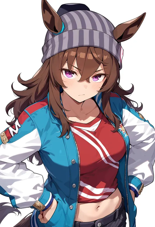 masterpiece, best quality, score_7, safe, nakayama festa (umamusume), umamusume, solo, upper body, simple background — by k3scat, made with ComfyUI