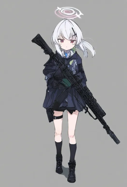 masterpiece, best quality, general, thigh holster, 1girl, solo, simple background — by k3scat, made with ComfyUI