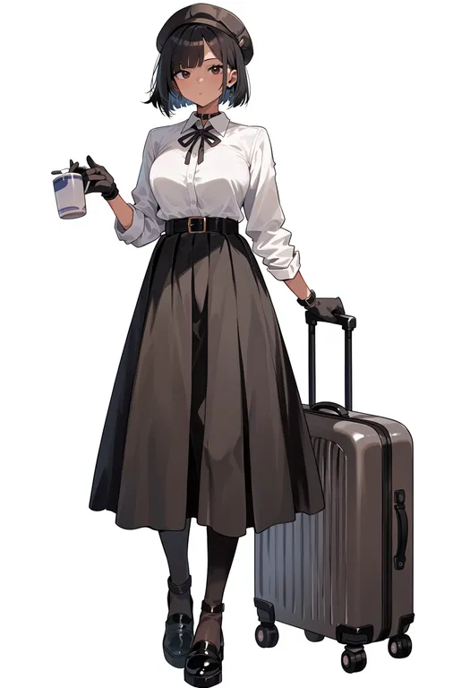 masterpiece, best quality, score_7, safe, rolling suitcase, 1girl, solo, simple background — by k3scat, made with ComfyUI