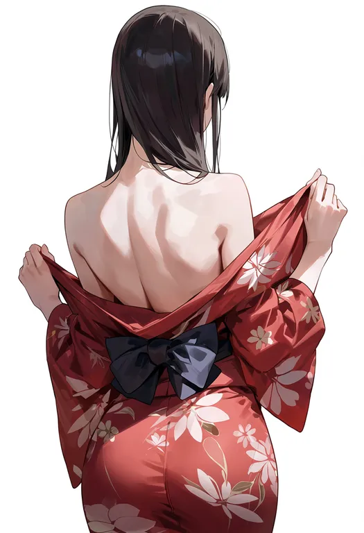 masterpiece, best quality, score_7, safe, open kimono, 1girl, solo, simple background — by k3scat, made with ComfyUI