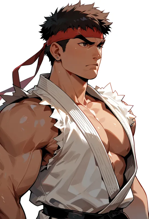 masterpiece, best quality, score_7, safe, ryu (street fighter), street fighter, solo, upper body, simple background — by k3scat, made with ComfyUI