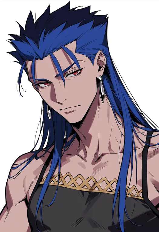 masterpiece, best quality, score_7, safe, cu chulainn (caster) (fate), solo, upper body, simple background — by k3scat, made with ComfyUI