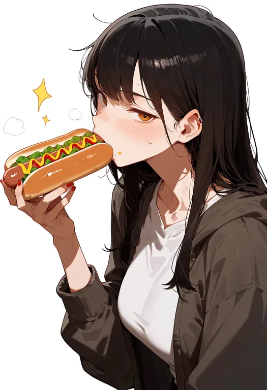 masterpiece, best quality, score_7, safe, hot dog, 1girl, solo, upper body, simple background — by k3scat, made with ComfyUI