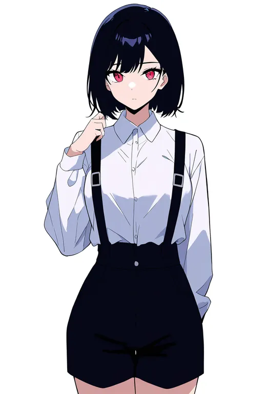 masterpiece, best quality, newest, absurdres, highres, safe, suspender_shorts, 1girl, solo, simple_background — by k3scat, made with ComfyUI