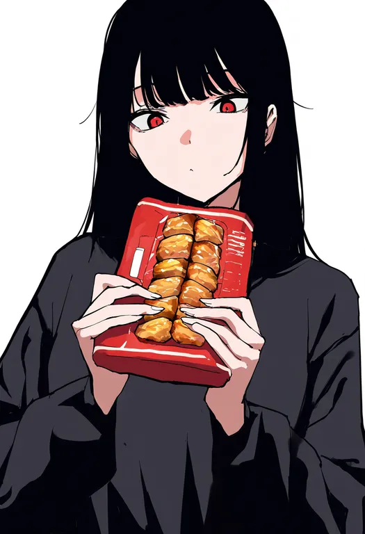 masterpiece, best quality, newest, absurdres, highres, safe, looking_at_food, 1girl, solo, simple_background — by k3scat, made with ComfyUI