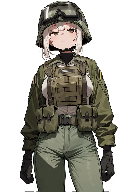 masterpiece, best quality, score_7, safe, military combat uniform, 1girl, solo, simple background — by k3scat, made with ComfyUI