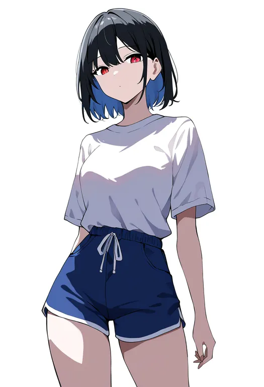 masterpiece, best quality, newest, absurdres, highres, safe, blue_shorts, 1girl, solo, simple_background — by k3scat, made with ComfyUI