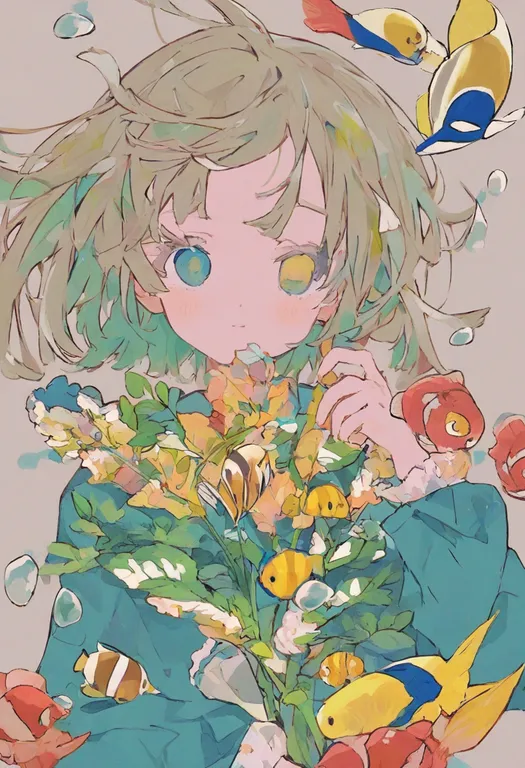 masterpiece, best quality, general, tropical fish, 1girl, solo, simple background — by k3scat, made with ComfyUI