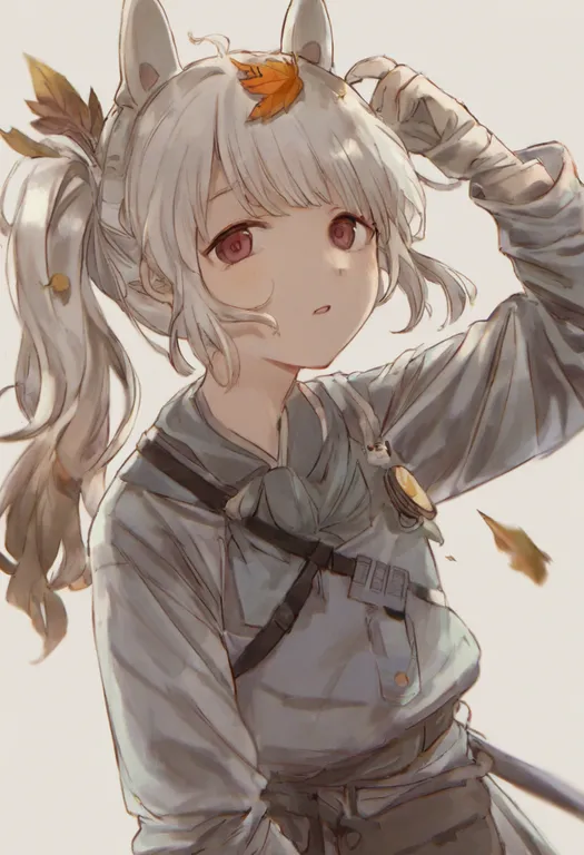 masterpiece, best quality, general, leaf on head, 1girl, solo, simple background — by k3scat, made with ComfyUI