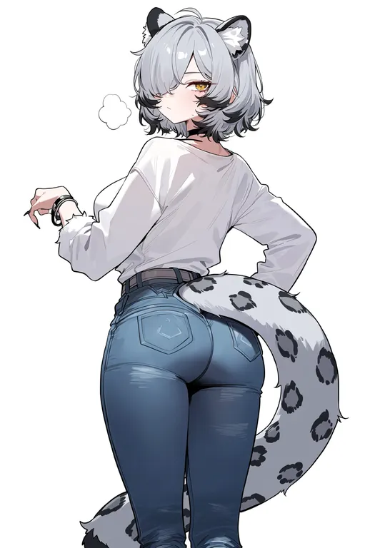 masterpiece, best quality, score_7, safe, snow leopard tail, 1girl, solo, simple background — by k3scat, made with ComfyUI