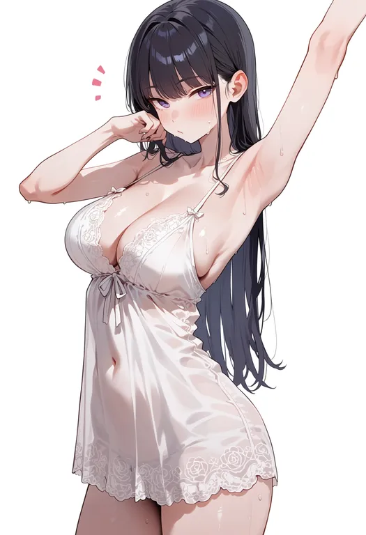 masterpiece, best quality, score_7, safe, white babydoll, 1girl, solo, simple background — by k3scat, made with ComfyUI