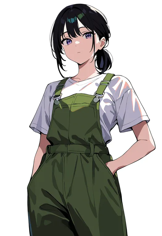 masterpiece, best quality, newest, absurdres, highres, safe, green_overalls, 1girl, solo, simple_background — by k3scat, made with ComfyUI