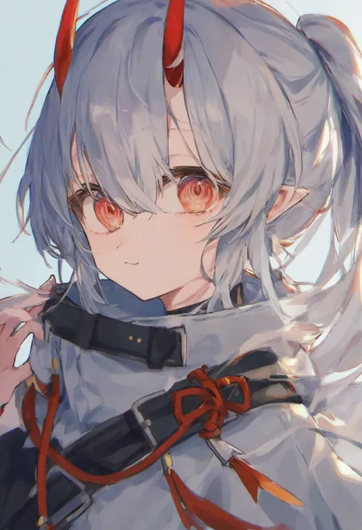 masterpiece, best quality, general, red horns, 1girl, solo, simple background — by k3scat, made with ComfyUI