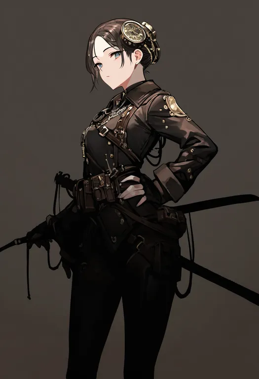 masterpiece, best quality, newest, absurdres, highres, safe, pixiv_steampunk, solo, simple_background — by k3scat, made with ComfyUI