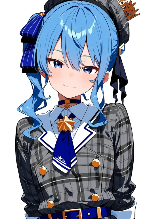 masterpiece, best quality, score_7, safe, hoshimachi suisei (1st costume), solo, upper body, simple background — by k3scat, made with ComfyUI