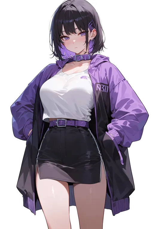 masterpiece, best quality, score_7, safe, purple collar, 1girl, solo, simple background — by k3scat, made with ComfyUI