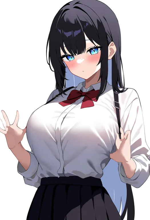 masterpiece, best quality, newest, absurdres, highres, safe, handsfree_breast_squeeze, 1girl, solo, simple_background — by k3scat, made with ComfyUI