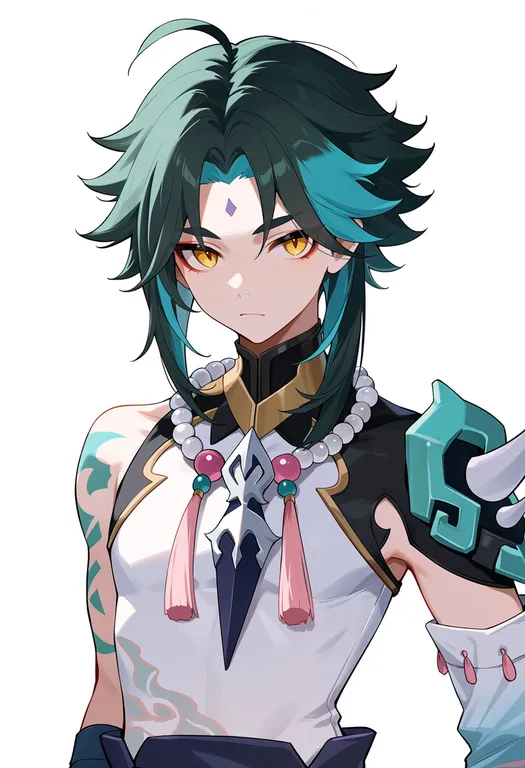 masterpiece, best quality, score_7, safe, xiao (genshin impact), genshin impact, solo, upper body, simple background — by k3scat, made with ComfyUI