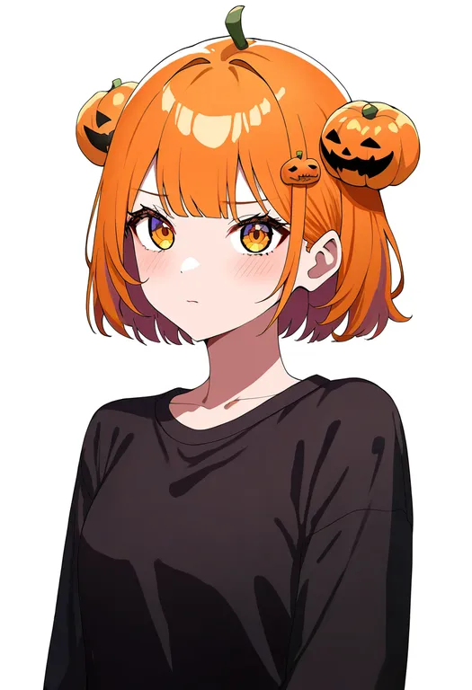 masterpiece, best quality, newest, absurdres, highres, safe, pumpkin_hair_ornament, 1girl, solo, simple_background — by k3scat, made with ComfyUI