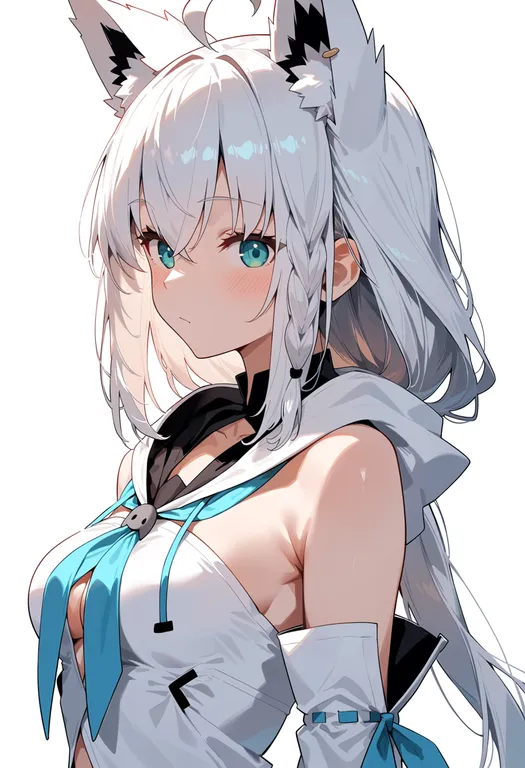 masterpiece, best quality, score_7, safe, shirakami fubuki (1st costume), solo, upper body, simple background — by k3scat, made with ComfyUI