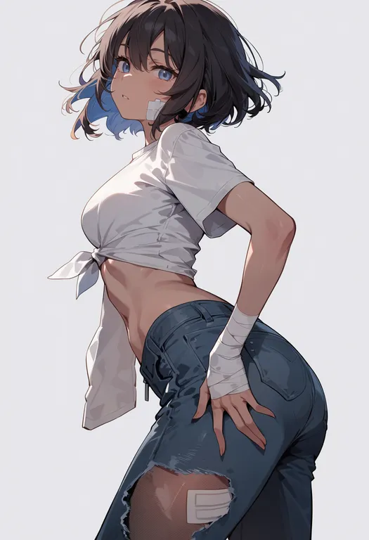 masterpiece, best quality, score_7, safe, bandaged wrist, 1girl, solo, simple background — by k3scat, made with ComfyUI