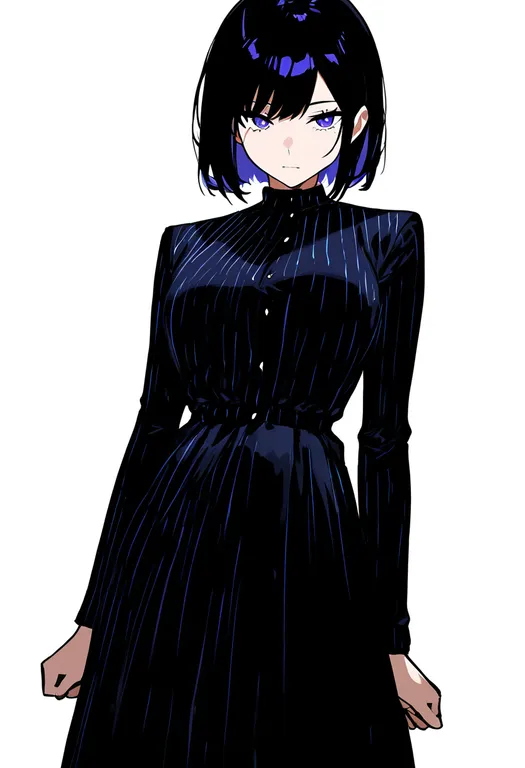 masterpiece, best quality, newest, absurdres, highres, safe, pinstripe_dress, 1girl, solo, simple_background — by k3scat, made with ComfyUI