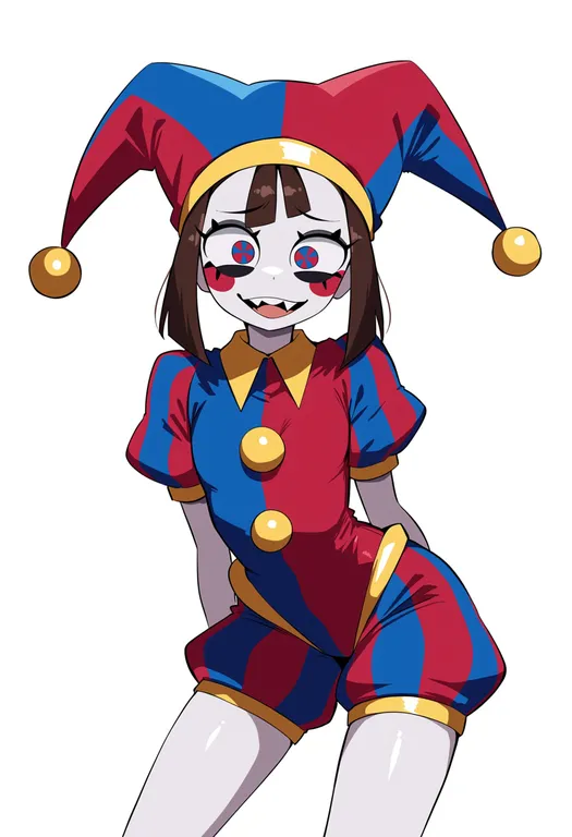 masterpiece, best quality, score_7, safe, jester, 1girl, solo, simple background — by k3scat, made with ComfyUI