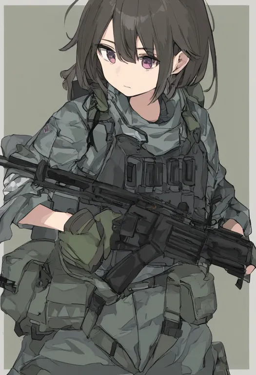 masterpiece, best quality, general, bulletproof vest, 1girl, solo, simple background — by k3scat, made with ComfyUI
