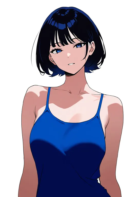 masterpiece, best quality, newest, absurdres, highres, safe, blue_tank_top, 1girl, solo, simple_background — by k3scat, made with ComfyUI