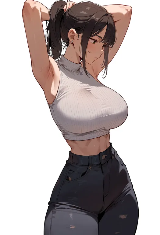 masterpiece, best quality, score_7, safe, ponytail, 1girl, solo, simple background — by k3scat, made with ComfyUI
