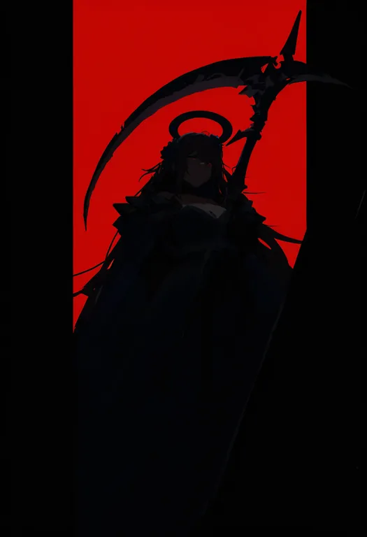 masterpiece, best quality, newest, absurdres, highres, safe, scythe, 1girl, solo, simple_background — by k3scat, made with ComfyUI