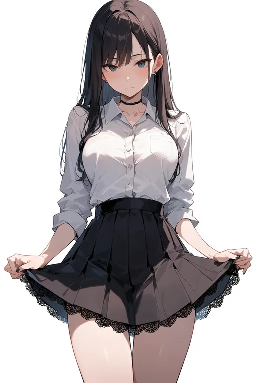 masterpiece, best quality, score_7, safe, lace-trimmed skirt, 1girl, solo, simple background — by k3scat, made with ComfyUI