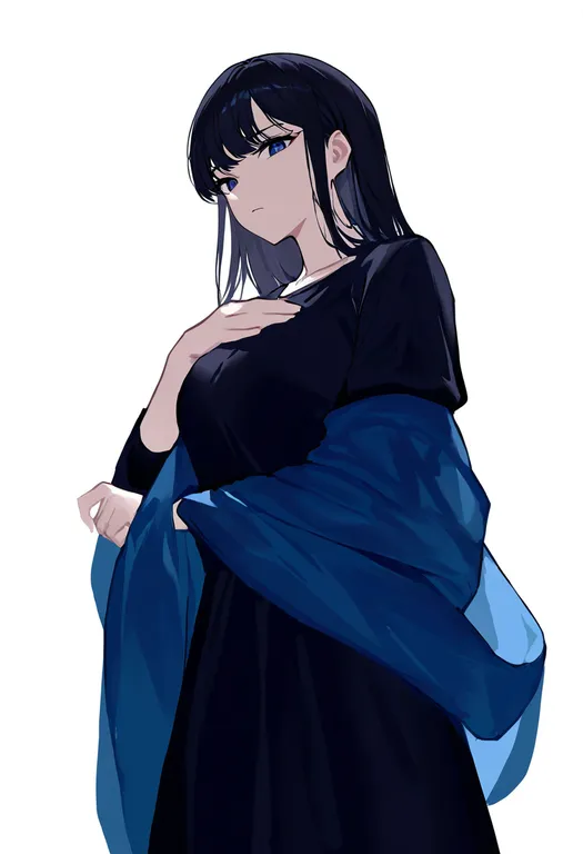 masterpiece, best quality, newest, absurdres, highres, safe, blue_shawl, 1girl, solo, simple_background — by k3scat, made with ComfyUI