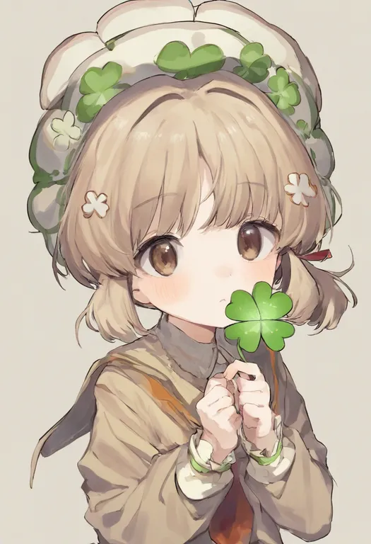 masterpiece, best quality, general, four-leaf clover hair ornament, 1girl, solo, simple background — by k3scat, made with ComfyUI