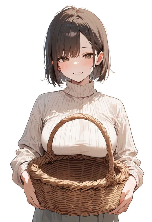 masterpiece, best quality, score_7, safe, basket, 1girl, solo, upper body, simple background — by k3scat, made with ComfyUI
