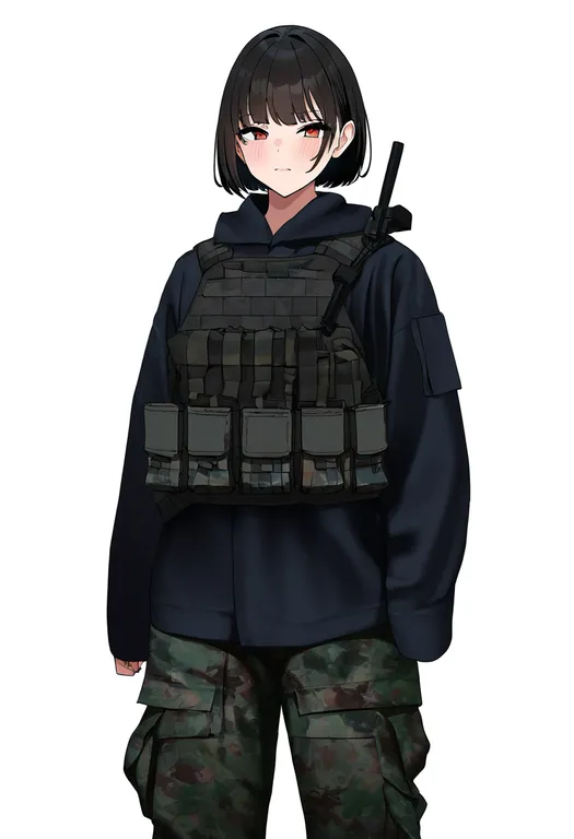 masterpiece, best quality, newest, absurdres, highres, safe, camouflage_pants, 1girl, solo, simple_background — by k3scat, made with ComfyUI