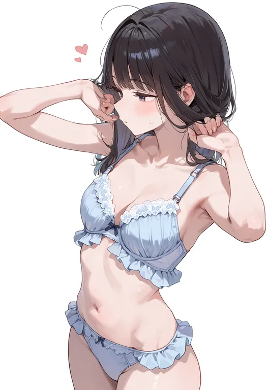 masterpiece, best quality, score_7, safe, frilled bra, 1girl, solo, simple background — by k3scat, made with ComfyUI