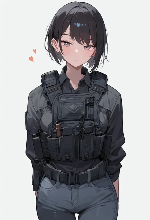 masterpiece, best quality, score_7, safe, load-bearing vest, 1girl, solo, simple background — by k3scat, made with ComfyUI