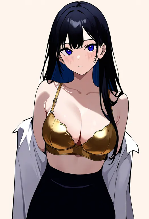 masterpiece, best quality, newest, absurdres, highres, safe, gold_bra, 1girl, solo, simple_background — by k3scat, made with ComfyUI