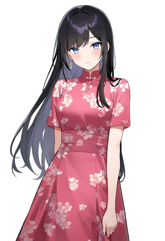 masterpiece, best quality, newest, absurdres, highres, safe, floral_print_dress, 1girl, solo, simple_background — by k3scat, made with ComfyUI
