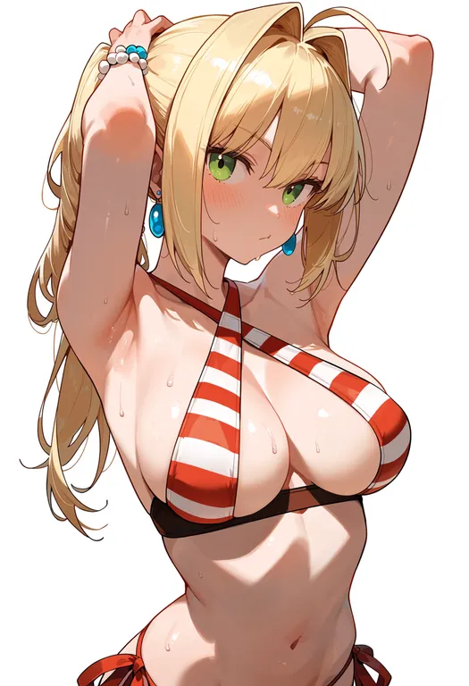 masterpiece, best quality, score_7, safe, nero claudius (swimsuit caster) (fate), solo, upper body, simple background — by k3scat, made with ComfyUI