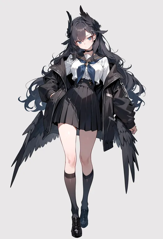 masterpiece, best quality, score_7, safe, wings, 1girl, solo, full body, simple background — by k3scat, made with ComfyUI